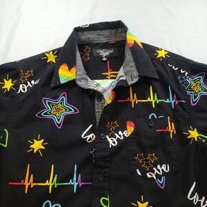 Eighty Eight Men's M Black & Rainbow Short-Sleeve Button-Up Shirt Love Hearts